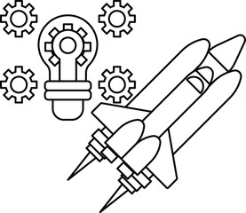 A rocket is flying through the sky with a light bulb in the foreground