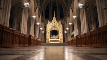 Majestic Interior of a Grand Cathedral with Ornate Altar and Stunning Architecture in Soft Lighting