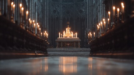 Majestic Interior of Gothic Cathedral with Illuminated Altar Surrounded by Flickering Candles in Dramatic Lighting