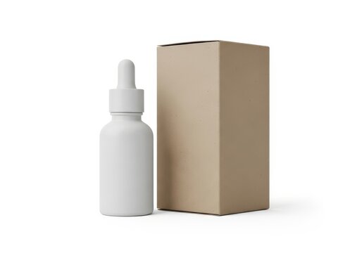 White dropper bottle and cardboard box isolated on white background