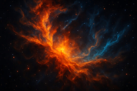 Vibrant cosmic nebula with fiery orange and blue hues and distant stars