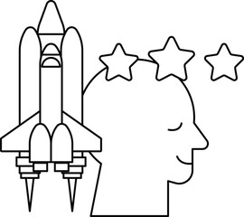 A rocket is flying in the sky and a person is smiling