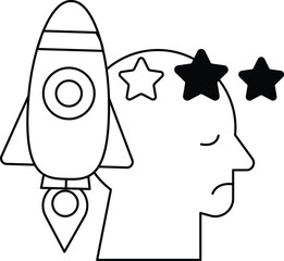 A rocket is flying through the sky and is surrounded by stars