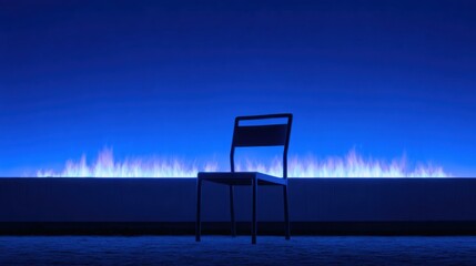 Minimalistic Chair Against a Vibrant Blue Background with Fiery Light