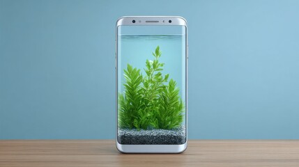 Smartphone Displaying an Aquatic Scene with Green Plants and Blue Background