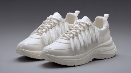 Stylish contemporary white sneakers with unique fur-like accents, perfect for modern fashion enthusiasts and casual wear lovers