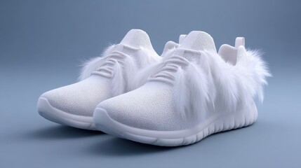 Stylish white athletic shoes with fluffy accents on a blue background for fashion and footwear enthusiasts