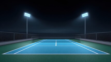 Nighttime View of Empty Tennis Court with Artificial Lighting and Smooth Surface Ready for Play