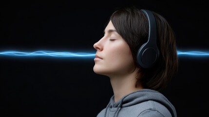 Young Woman with Headphones Enjoying Music in a Dark Environment with Creative Light Effects