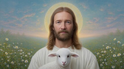 Serene Man with Long Hair Holding a White Lamb in a Dreamy Pastoral Landscape with Soft Morning Light