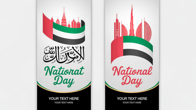 Uae national day celebration vertical banners with flag and skyline graphics
