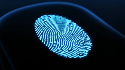 Glowing blue fingerprint on a black background, symbolizing security and biometric technology - Powered by Adobe