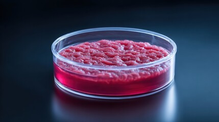 Microbiological culture medium with vibrant red agar in a petri dish on a dark background