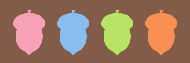 Set of simple acorn silhouettes in pastel orange, green, blue, and pink — flat vector icons for kids and eco design. © Kidzkamba