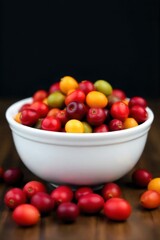 A vibrant bowl of mixed dried berries and tropical fruits, showcasing a spectrum of colors and a sweet, tangy flavor profile. An overhead, close up shot of a minimalist white ceramic bowl filled with