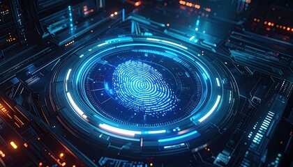 Digital Futuristic Biometric Fingerprint Scan Interface With Glowing Blue Lights And Circuitry Details In A Dark Environment