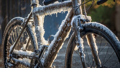 Close up of a bicycle frame covered in thick frozen ice and winter icicles outdoors