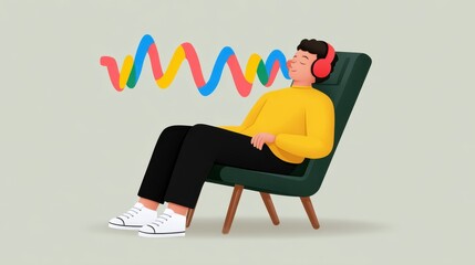 Person Relaxing in Chair with Headphones Enjoying Music Waves in Minimalistic Style