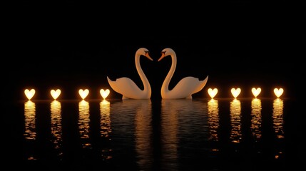 Romantic Scene with Swans and Heart-Shaped Lights Reflected in Calm Water at Night