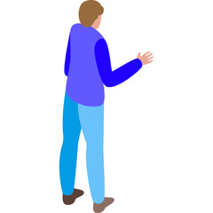 Isometric illustration of a person wearing a blue vest and light blue pants gesturing with right hand on a transparent white background vibrant colors flat design cartoon style 3d render
