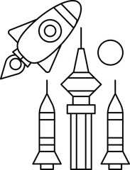 A rocket is flying through space and is surrounded by three tall buildings
