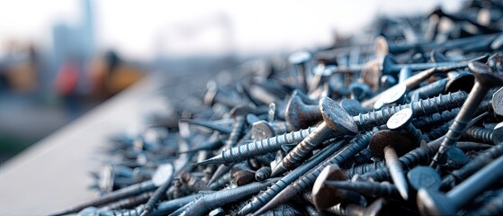 Large pile of metal nails in a construction site during afternoon with blurred workers in the background