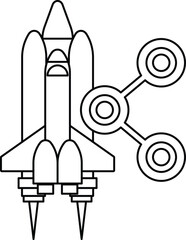 A black and white drawing of a rocket with three wheels
