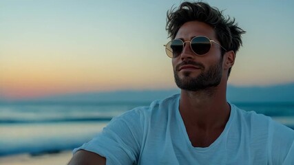 Relaxed man in sunglasses enjoying serene sunset at beach by ocean - Powered by Adobe