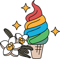 A drawing of a vanilla ice cream cone with flowers on top