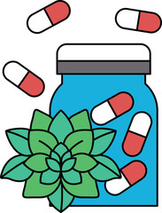 A jar of pills is surrounded by a flower
