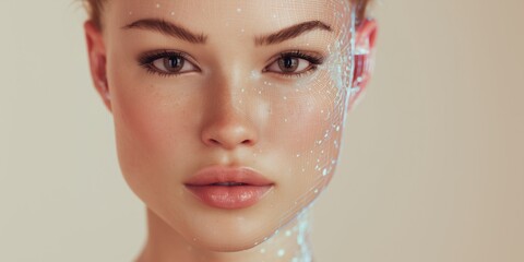 Close-up portrait of a futuristic woman with digital face scan mesh overlay. Hyper-realistic beauty meets AI interface, symbolizing virtual identity, facial recognition, or beauty tech innovation.