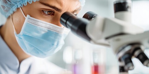 Close-up of a medical researcher in mask and cap examining samples through a microscope in a laboratory setting. Focused expression, scientific environment, research and diagnostics concept.