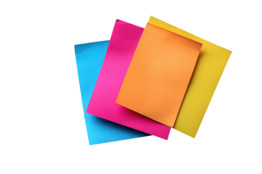 Colorful papers in blue pink orange and yellow stacked create a vibrant display on transparent background