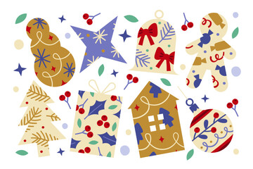 Traditional Christmas attributes silhouettes collection with vibrant, colorful festive prints