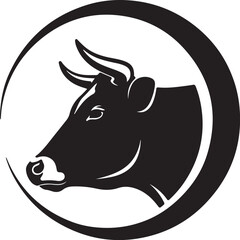 Black silhouette of a bull's head in profile within a circular frame on a white background cattle livestock also transparent background