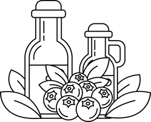 A bottle of blueberry juice is next to a bottle of olive oil