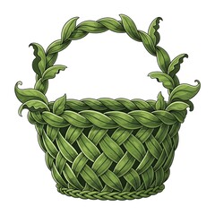 Handwoven green basket with leafy handle and trim