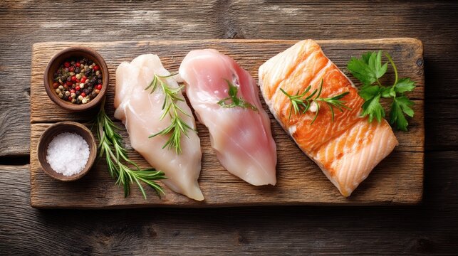 Fresh raw fish and chicken fillets presented on a wooden cutting board with herbs and spices in a rustic setting - Powered by Adobe
