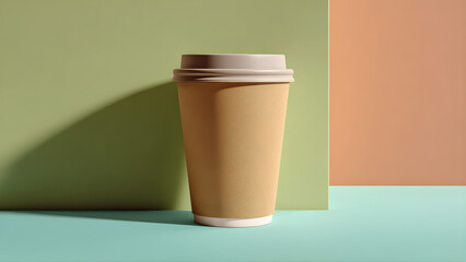 Paper coffee cup mockup with plastic lid, placed on pastel background, soft shadow, flat lay style