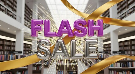 Flash sale text with ribbons and sparkles in a library setting, representing a limitedtime offer or promotion
