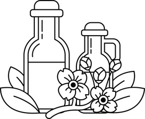 Two bottles of oil are next to a bunch of flowers