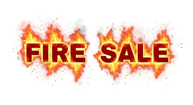 Fire sale text with flames and sparks, isolated on white background