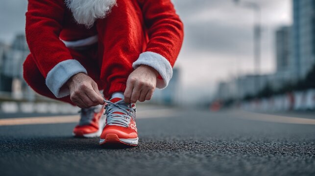 Santa Claus tying shoelaces before city race, Santa Run preparation