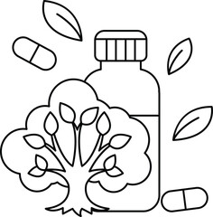 A bottle of pills is next to a tree