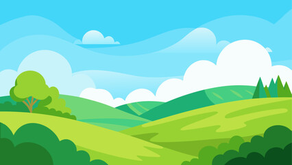 Obraz premium Vibrant green rolling hills under a bright blue sky with fluffy clouds