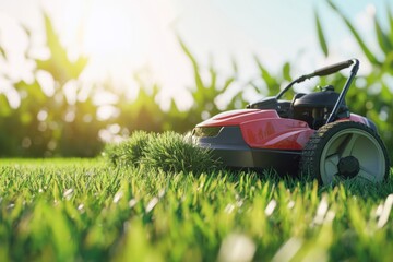 Lawn mower trims grass under bright sunlight in a lush green field