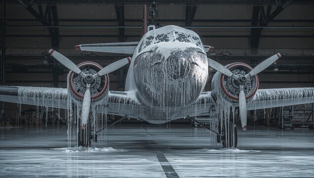 White deicing foam covers a propeller airplane inside an aircraft maintenance hangar