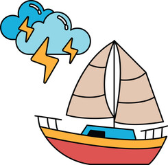 A boat is sailing in the ocean with a storm in the background