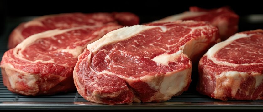 Fresh ribeye steaks on a grill rack ready for cooking at a local butcher shop in the early afternoon