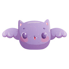 Cute bat on the background of the night sky on a white background. Cartoon children's vector illustration for the design of postcards, postcards for printing, postcards, posters, banners